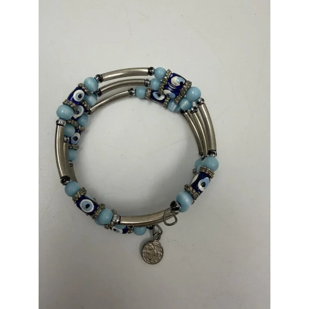 Vintage Silver Tone Layer Blue  Round & Barrel Beaded Bracelet